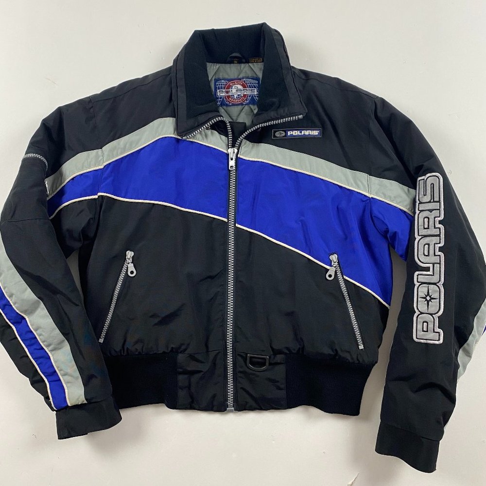 Vintage Polaris Snowmobile Jacket Coat Medium Women Black Blue Nylon Winter